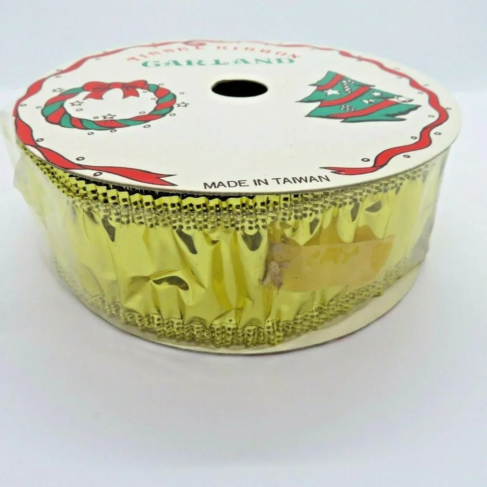Vintage Gold Tinsel Ribbon Garland 2 inch Width 25 feet Length Taiwan Sealed